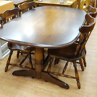  飛騨産業 4人掛けダイニングセット キツツキ 幅150×奥行90×高さ70cm ブラウン系 食卓 テーブル イス 椅子 いす ダイニング5点セット アンティーク調 楕円形☆ PayPay(ペイペイ)決済可能 ☆ 札幌市 清田区 平岡