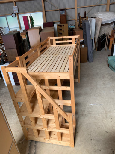 階段付き木製ロフトベッド