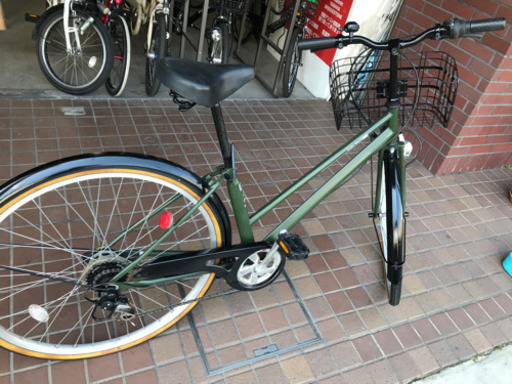 27インチ　軽快車　外装6段変速　大きめなかご　ローラーブレーキ　カーキ色