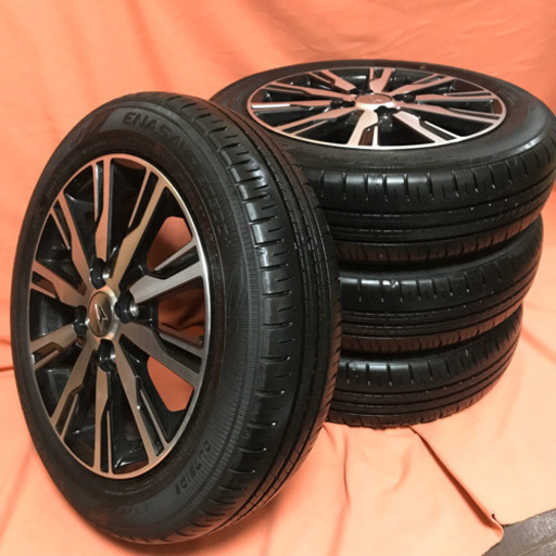値下げ‼️136-2ダンロップ155/65R14ダイハツ純正アルミホイール付4本セット14×4.5J +45 2019年製造バリ山 DUNLOP ENASAVE EC300+ 人気のポリッシュ