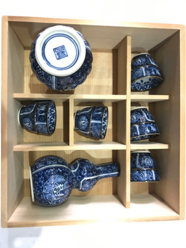 值下！旧家藏出 京焼 加藤利昌作 人気作家 名工 骨董？福寿青華 祥瑞水鳥写し鎬【しのぎ】手 瓢形　徳利 盃 6点揃