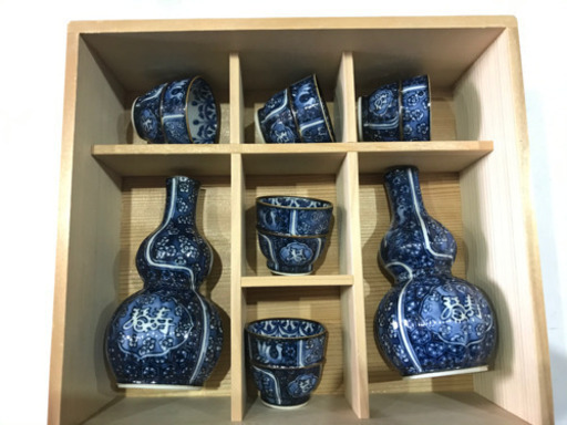 值下！旧家藏出 京焼 加藤利昌作 人気作家 名工 骨董？福寿青華 祥瑞水鳥写し鎬【しのぎ】手 瓢形　徳利 盃 6点揃