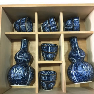 值下！旧家藏出 京焼 加藤利昌作 人気作家 名工 骨董？福寿青華 祥瑞水鳥写し鎬【しのぎ】手 瓢形　徳利 盃 6点揃