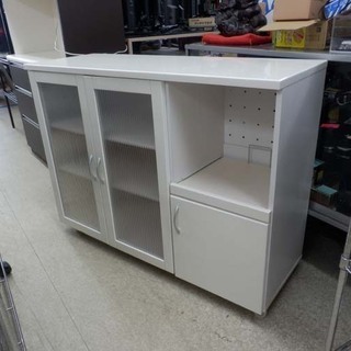 ミドルレンジボード 幅120 キャスター付き 白 鏡面 スライド棚 ガラス