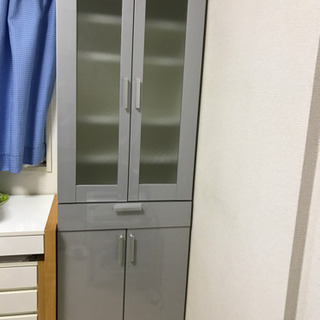【美品】食器棚　（約縦180×横60×奥行45cm）シルバー