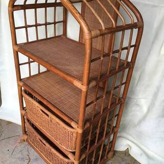 レトロ✨ラタン ラック 2段 キャスター付 収納棚 昭和 カントリー 昭和