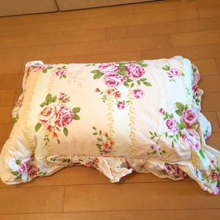 スクロール　姫系　花柄　枕・枕カバーセット　ベッド　寝具　白×ピ...