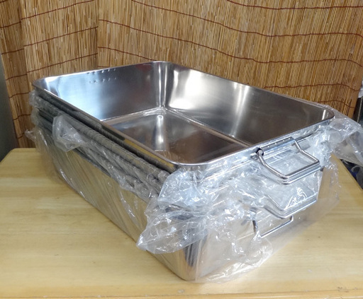 未使用保管品★AG 赤川器物製作所 18-8 ステンレス 深型角バット 運搬 5個セット 638×428×151 2枚取（手付）持ち手あり 大型容器 厨房 給食 積み重ね  ☆ PayPay(ペイペイ)決済可能 ☆ 札幌市 豊平区 平岸 アウトレットモノハウス