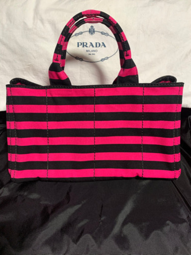 ◆PRADA◆ プラダ カナパ　ピンクとブラックのストライプ　キャンバストート