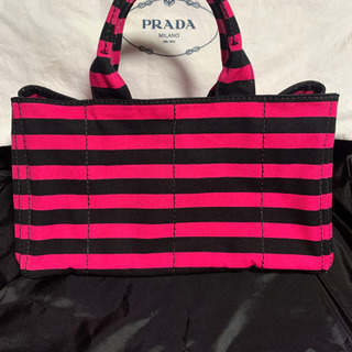◇PRADA◇ プラダ カナパ ピンクとブラックのストライプ キャンバストート
