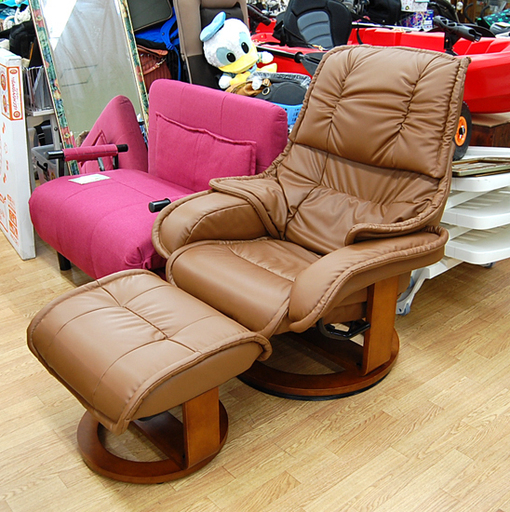パーソナルチェア オットマン付き リクライニング 回転椅子 ブラウン系 一人掛けソファ ソファー 椅子 イス いす 合皮☆ PayPay(ペイペイ)決済可能 ☆ 札幌市 清田区 平岡