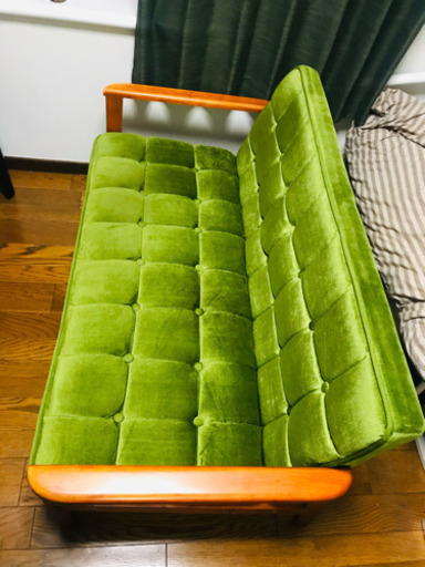 木肘レトロソファ3Pモケットグリーン　