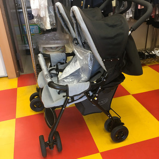 グレコ  デュオスポーツ ジェミニブラック 2人乗りベビーカー ※レインカバー未使用 ※日よけ、ハンド色焼けありの画像