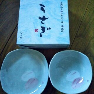 新品★片岡鶴太郎★美濃焼2枚セット★うさぎ★箱入り★激安