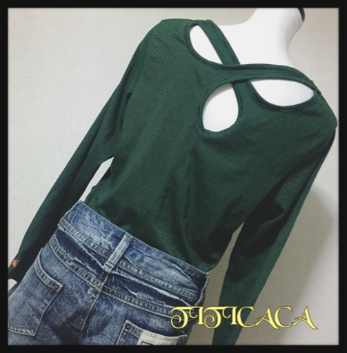 ご購入者様決定[TITICACA]ボーダーバッククロスカットソー 後ろセクシー 緑色 ストレッチ