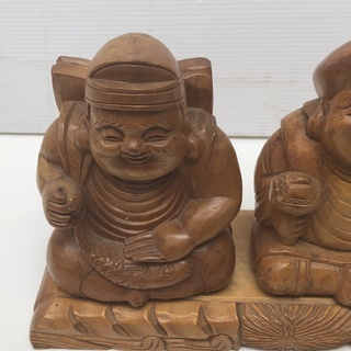 古い木彫 彫刻2個 　大黒様と恵比寿様の一刀彫り　仏教美術 中国　骨董　　高さ18cmの画像