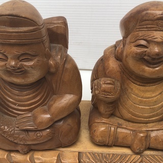 古い木彫 彫刻2個 　大黒様と恵比寿様の一刀彫り　仏教美術 中国　骨董　　高さ18cmの画像
