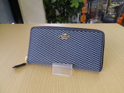 【美品】コーチ COACH ラウンドファスナー 長財布 F13677 ブルーマルチ  ジャガード レザー レディース