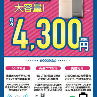 月間データ通信容量100GB！月間データ通信大容量ポケットWi-Fi！