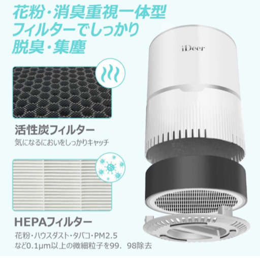 【新品未使用】空気清浄機 小型 脱臭 静音 タバコ 花粉・PM2.5対策 省エネ ホコリ除去 (ホワイト)