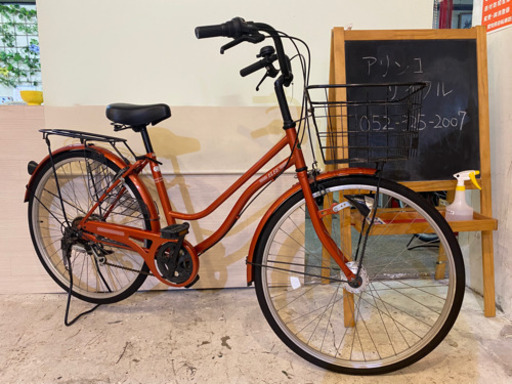 【【美車】LEDオートライト　26インチ　6段変速　シティサイクル　オレンジ