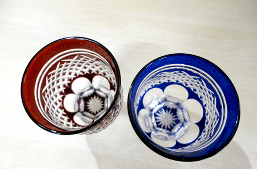 未使用 江戸切子 ペア高杯 赤 青 酒杯 色被せ硝子 酒器 グラス 和ガラス ガラス工芸 札幌市 白石区 東札幌