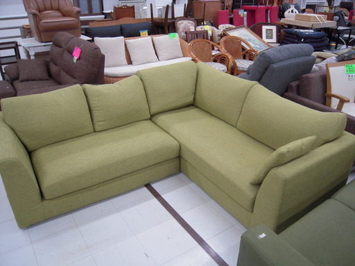 カウチソファ 幅213×奥行184×高さ70cm L字ソファ クッション付き グリーン系 苫小牧西店