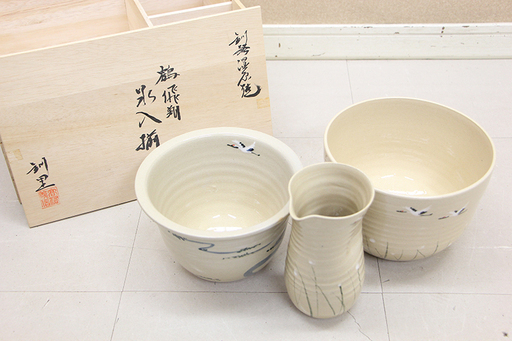 高橋義信 釧里窯 釧路湿原焼 水入揃 2重 アイスペール 水差し 共箱 栞 茶道具 本物保証(R1920wY)