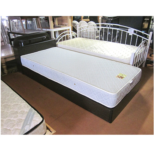 〇 札幌【ロングタイプ シングルベッド 引出し×2】かため マットレス210cm  宮付き ダークブラウン こげ茶色系 シンプル シングルベット 本郷通店