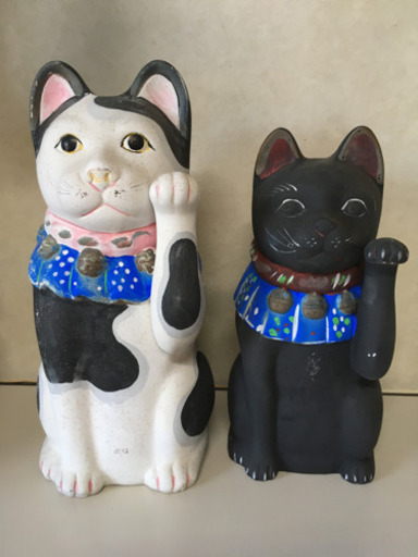 招き猫２匹 土人形 古民芸 戦前戦後 招福