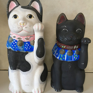 招き猫２匹 土人形 古民芸 戦前戦後 招福