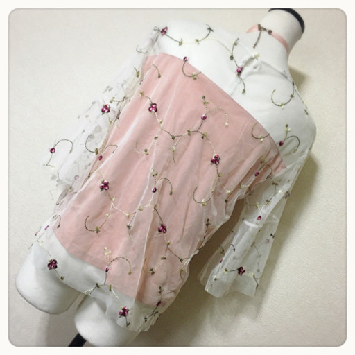 ご購入者様決定[美品✧Emsexcite]チュールブラウス 花柄カットソー姫系ピンク フレア袖