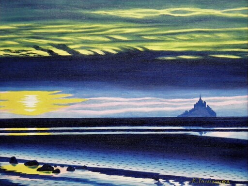 ★モン・サン・ミシェル夕景・谷村一男作・肉筆油彩画・４つ切・新品額付
