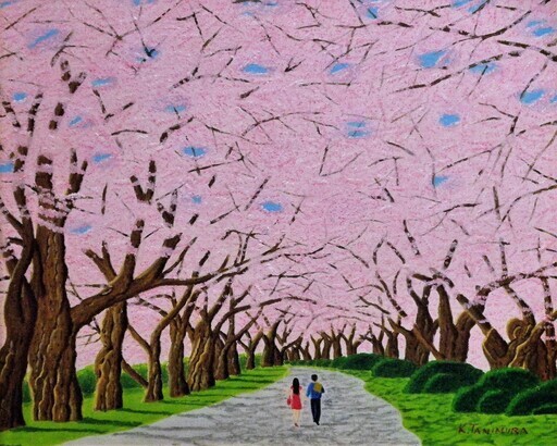 ★桜並木とカップル・谷村一男作・肉筆油彩画・4つ切・新品額付