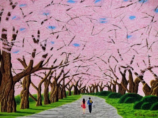 ★桜並木とカップル・谷村一男作・肉筆油彩画・4つ切・新品額付