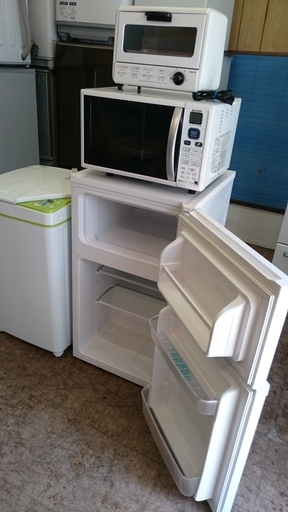 お買い得！！4点セット！！ハイアール JR-91J 2ドア冷凍冷蔵庫91L　2014年製・ハイアールJW-K33F全自動洗濯機3.3K　2013年製・シャープ　RE-CE80KB　電子レンジ2011年製・山善　YTA-860　オーブントースター　2018年製