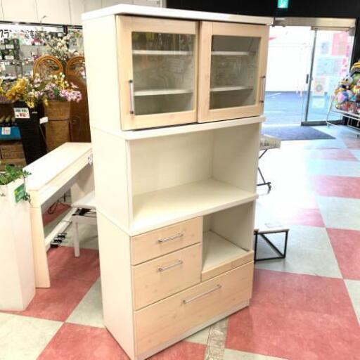中古 店舗近郊送料格安 幅88cm 2枚扉キッチンボード 食器棚 ナチュラルブラウン ホワイト NB WH 幅88cm×奥42cm×高180cm