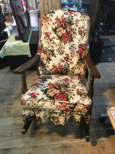 JF00441 ビンテージ  柏木工【かしわ バラ柄クッション ロッキングチェア】