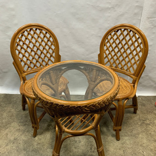 高級！籐家具 3点セット！テーブル&チェア 椅子2脚 ダイニング...