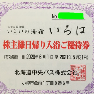 ニセコ温泉郷「いこいの湯宿いろは」日帰り入浴ご優待券1枚300円