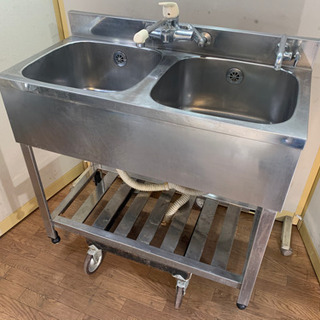 業務用　ステンレス　2層シンク流し台　蛇口付き　店舗　飲食店　W900xD450xH800mm