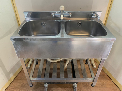 業務用　ステンレス　2層シンク流し台　蛇口付き　店舗　飲食店　W900xD450xH800mm