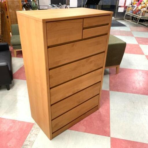 中古 店舗近郊送料格安 小引き出し付き6段チェスト 整理タンス ナチュラルブラウン NB 強化スライドレール 幅80cm×奥45cm×高126.5cm