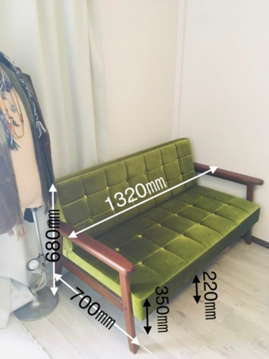 カリモク風レトロ2掛けソファ モケットグリーン