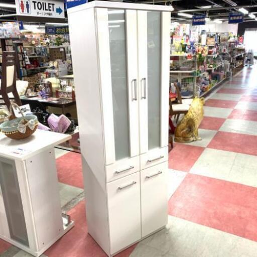 中古 店舗近郊送料格安 幅60cm 2枚扉食器棚 カップボード ホワイト WH 幅59cm×奥40cm×高181cm