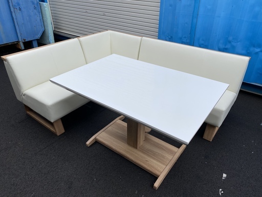 シギヤマ家具 リビングダイニングテーブルセット 昇降式テーブル ソファ ベンチ 4点セット 白×ナチュラル 中古品