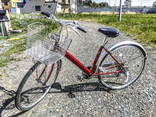 自転車；6段変速軽快車：中古　27インチカゴ付き