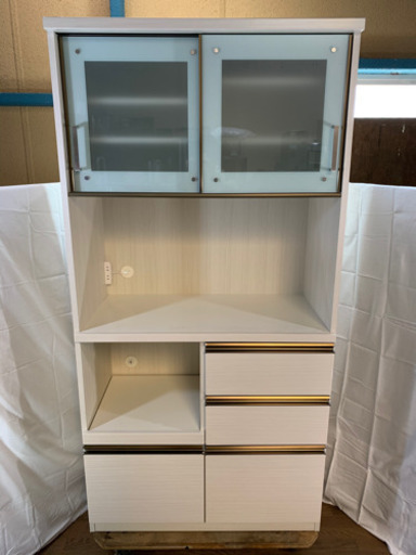 美品　食器棚　キッチンボード　上部スライド扉　ホワイト　W920xD470xH1830mm