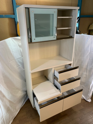 美品　食器棚　キッチンボード　上部スライド扉　ホワイト　W920xD470xH1830mm