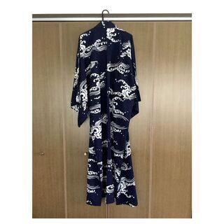状態良好！】月影屋 浴衣 / メンズ Lサイズ / 白×紺 波頭模様 / 手縫い